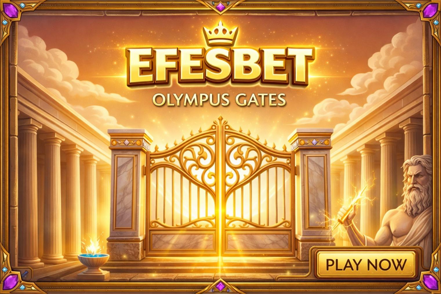 efesbet, Olimpos Kapıları oyununda Zeus karakteri ve yüksek çarpanlı bonus sahnesi